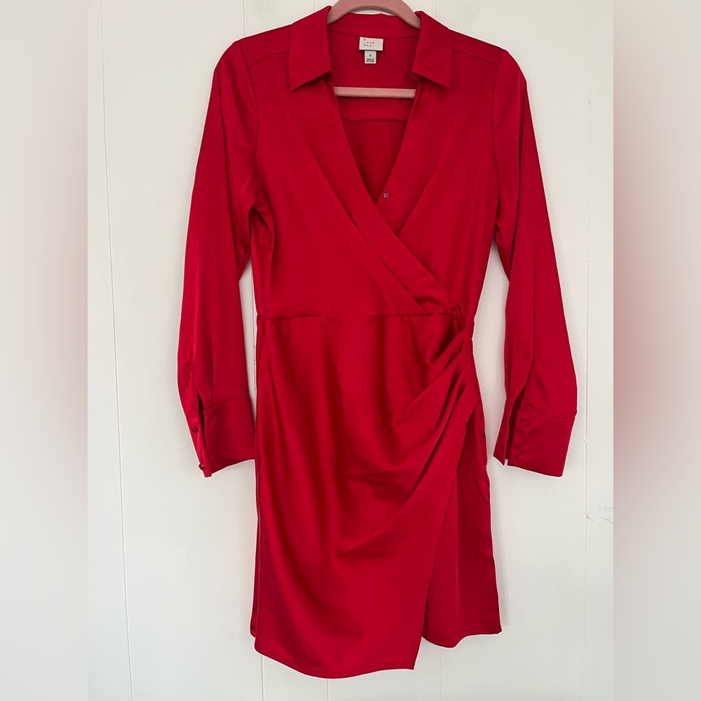 A New Day Women's Long Sleeve Red Satin Shirt Mini Dress Size Small - Picture 2 of 10